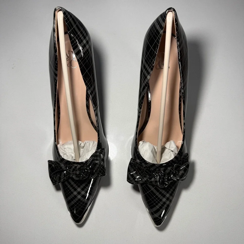New York & Company Wendy Metal Accent Bow Pump Black Grey Plaid Stiletto Size 9‎